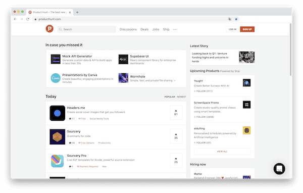 「Product Hunt」のトップページ